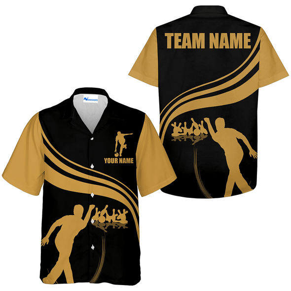 Custom Strike Bowling Basic Color Hawaiian Shirt, Brown And Black Bowling Team Name Shirt, Custom Bowling Team Member Name Gift