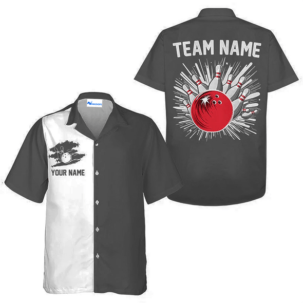 Personalized Basic Bowling Team Outfit, Custom Black Strike Bowling Team Hawaiian Shirt, Bowling Shirt Gift For Bowling Team Member, Bowling Lover