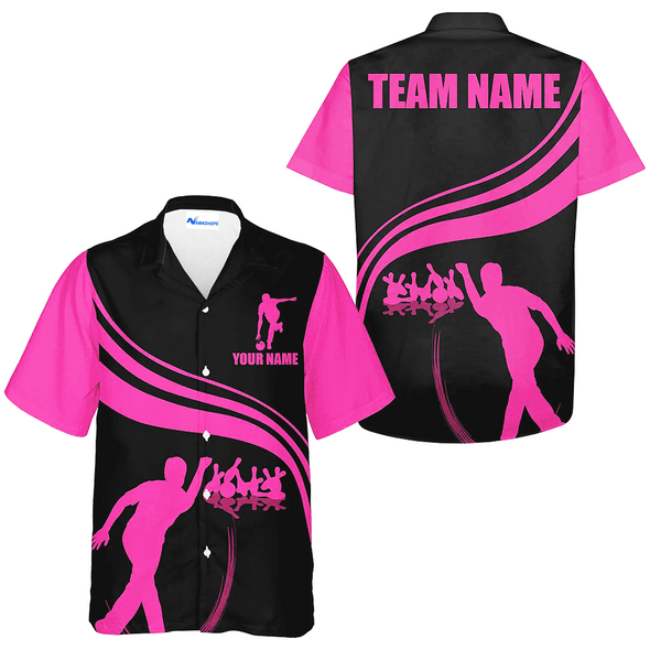 Custom Strike Bowling Basic Color Hawaiian Shirt, Brown And Black Bowling Team Name Shirt, Custom Bowling Team Member Name Gift