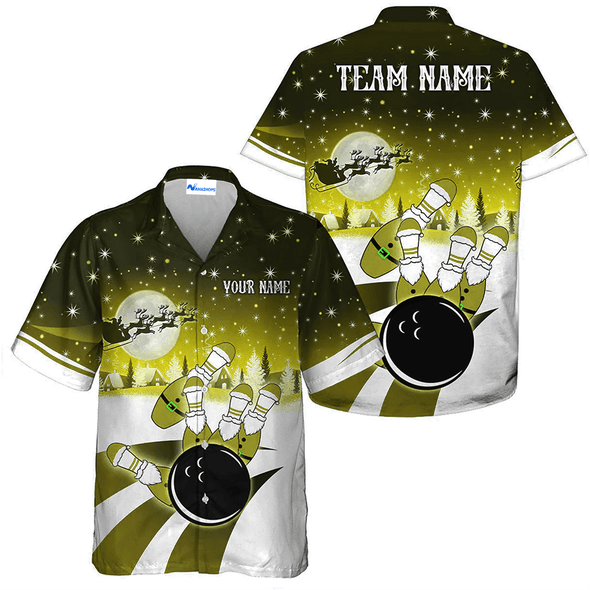 Custom Santa Bowling Team Hawaiian Shirt, Green Christmas Bowling Team Outfit, Christmas Gift For Bowling Team Member, Bowling Lover