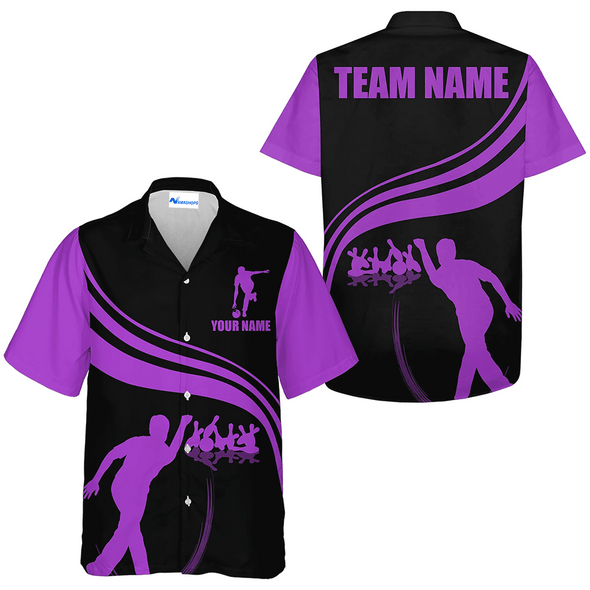 Custom Strike Bowling Basic Color Hawaiian Shirt, Purple And Black Bowling Team Name Shirt, Custom Bowling Team Member Name Gift