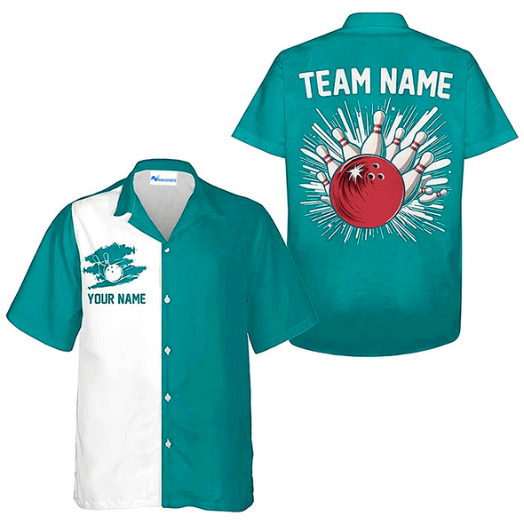 Personalized Basic Bowling Team Outfit, Custom Blue Strike Bowling Team Hawaiian Shirt, Bowling Shirt Gift For Bowling Team Member, Bowling Lover