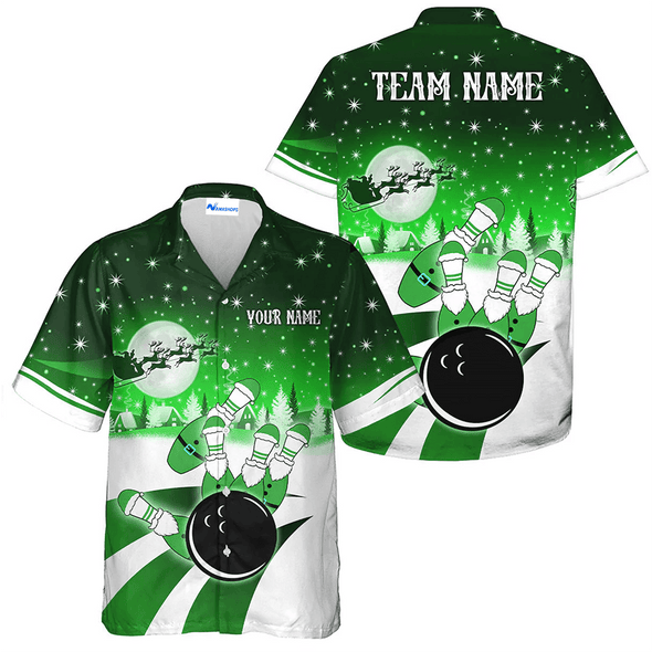 Custom Santa Bowling Team Hawaiian Shirt, Green Christmas Bowling Team Outfit, Christmas Gift For Bowling Team Member, Bowling Lover