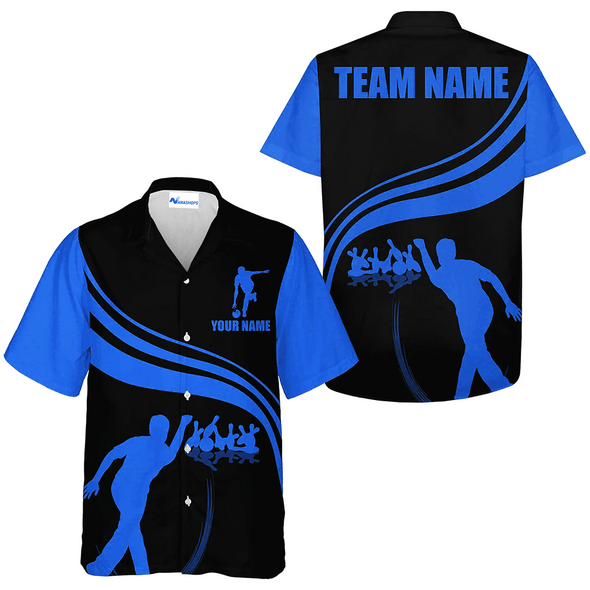 Custom Strike Bowling Basic Color Hawaiian Shirt, Blue And Black Bowling Team Name Shirt, Custom Bowling Team Member Name Gift