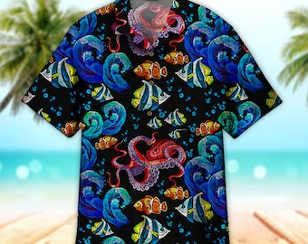 Unisex Octopus Sea Wave Tropical Fishes Hawaiian Shirt For Men & Women, Aloha Hawaiian Shirt Short Sleeve Hawaiian