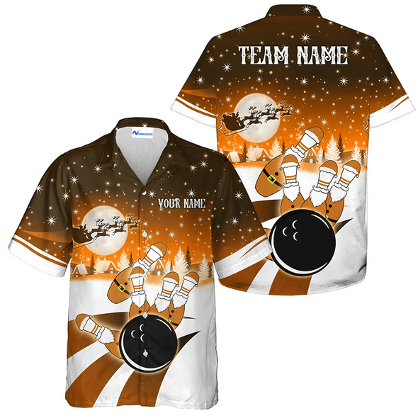 Custom Santa Bowling Team Hawaiian Shirt, Orange Christmas Bowling Team Outfit, Christmas Gift For Bowling Team Member, Bowling Lover