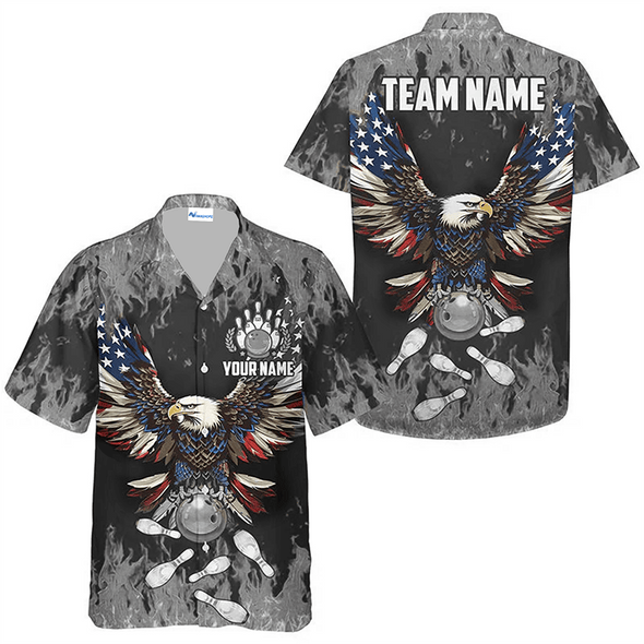 Custom Eagle Bowling Team Blue Fire Shirt, US Flag Pattern Bowling Team Hawaiian Shirt, Custom Bowling Team Name Outfit, Gift For Bowling Team