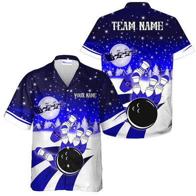 Custom Santa Bowling Team Hawaiian Shirt, Blue Christmas Bowling Team Outfit, Christmas Gift For Bowling Team Member, Bowling Lover