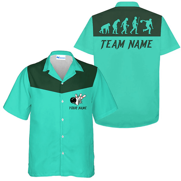 Personalized Bowling Team Funny Shirt, Teal Bowling Evolution Hawaiian Shirt, Custom Team Name Shirt Gift For Bowling Team Members, Bowling Lover