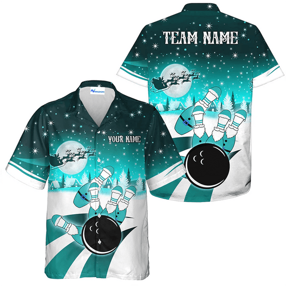 Custom Santa Bowling Team Hawaiian Shirt, Blue Christmas Bowling Team Outfit, Christmas Gift For Bowling Team Member, Bowling Lover