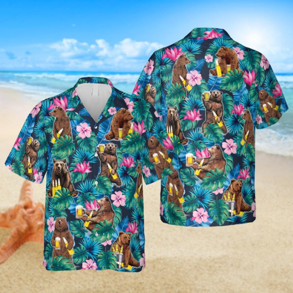 Bear And Beer Hawaiian Shirt, Tropical Plants Clothing