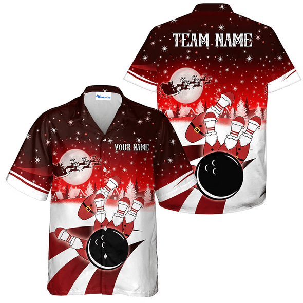 Custom Santa Bowling Team Hawaiian Shirt, Blue Christmas Bowling Team Outfit, Christmas Gift For Bowling Team Member, Bowling Lover