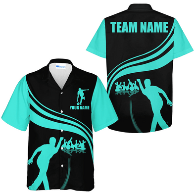 Custom Strike Bowling Basic Color Hawaiian Shirt, Teal And Black Bowling Team Name Shirt, Custom Bowling Team Member Name Gift