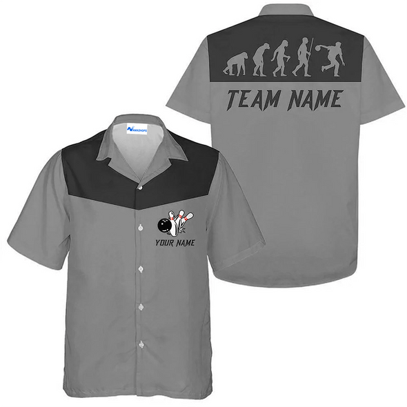 Personalized Bowling Team Funny Shirt, Grey Bowling Evolution Hawaiian Shirt, Custom Team Name Shirt Gift For Bowling Team Members, Bowling Lover