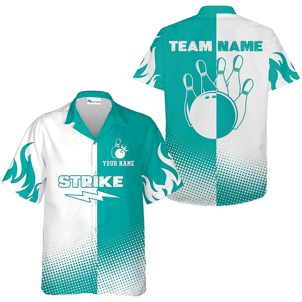 Personalized Strike Ball Bowling Team Hawaiian Shirt, Classic Blue Bowling Shirt, Summer Christmas Gift For Bowling Team Member, Bowling Lover