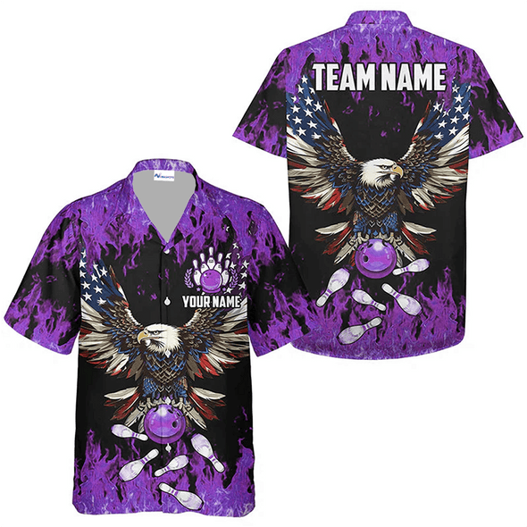 Custom Eagle Bowling Team Purple Fire Shirt, US Flag Pattern Bowling Team Hawaiian Shirt, Custom Bowling Team Name Outfit, Gift For Bowling Team