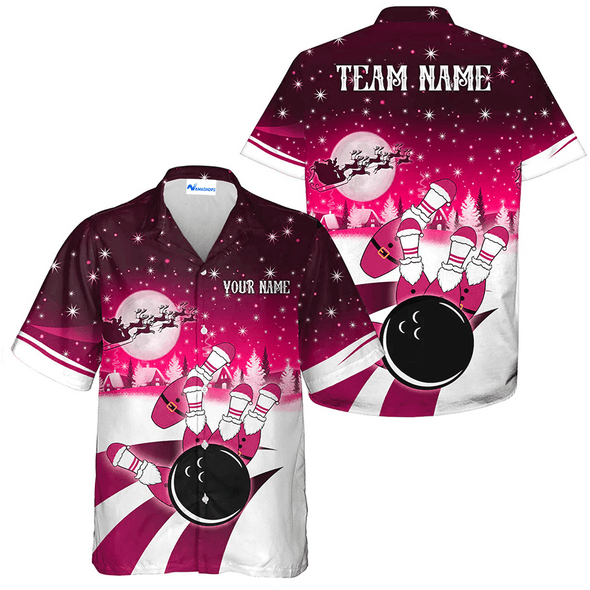 Custom Santa Bowling Team Hawaiian Shirt, Teal Christmas Bowling Team Outfit, Christmas Gift For Bowling Team Member, Bowling Lover