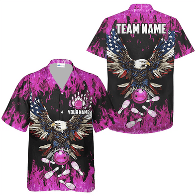 Custom Eagle Bowling Team Pink Fire Shirt, US Flag Pattern Bowling Team Hawaiian Shirt, Custom Bowling Team Name Outfit, Gift For Bowling Team