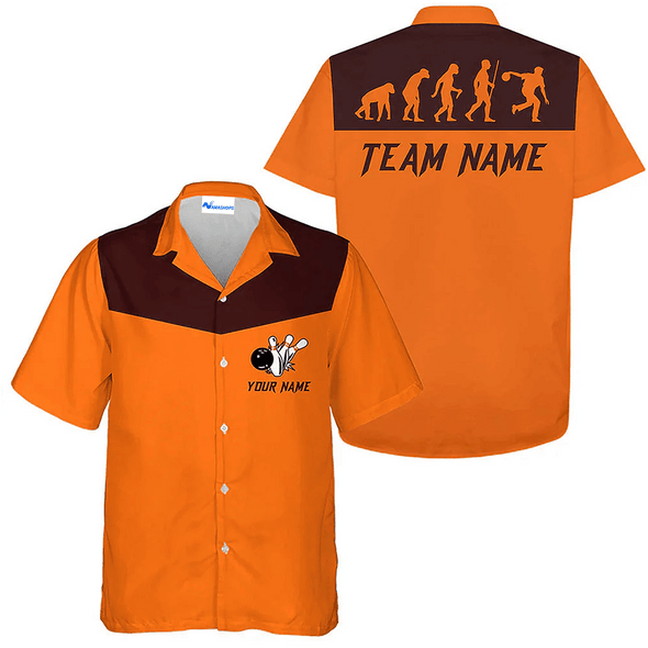 Personalized Bowling Team Funny Shirt, Orange Bowling Evolution Hawaiian Shirt, Custom Team Name Shirt Gift For Bowling Team Members, Bowling Lover