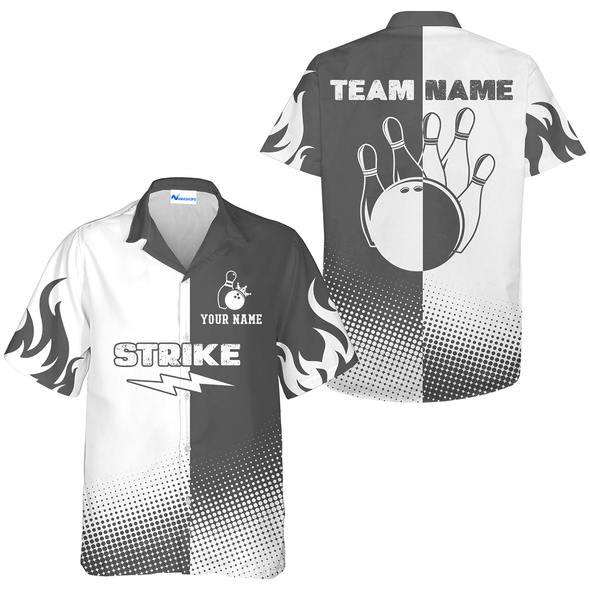 Personalized Strike Ball Bowling Team Hawaiian Shirt, Classic Grey Bowling Shirt, Summer Christmas Gift For Bowling Team Member, Bowling Lover