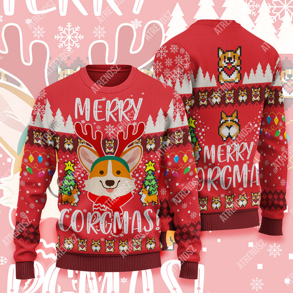 ATRENDSZ Ugly Christmas Sweater Corgi Corgmas all over print